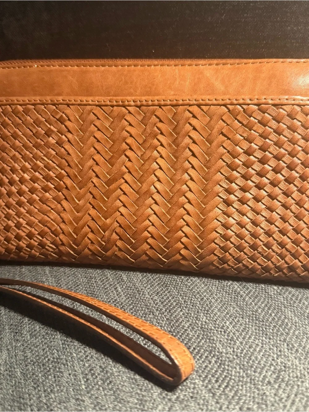 Woven Leather Wristlet Clutch - Tan Pre-owned Good Condition